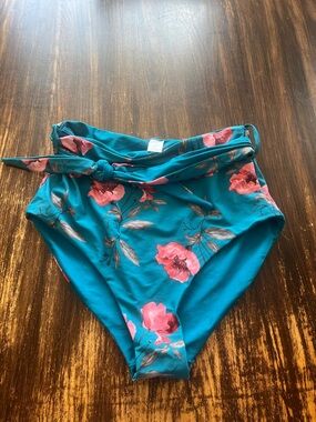 High-Waist Teal Floral Bikini Bottom with Tie Waist